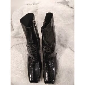 Princess Polly Black Croc Embossed Square Toe Block Heel Boots Women's Size 9
